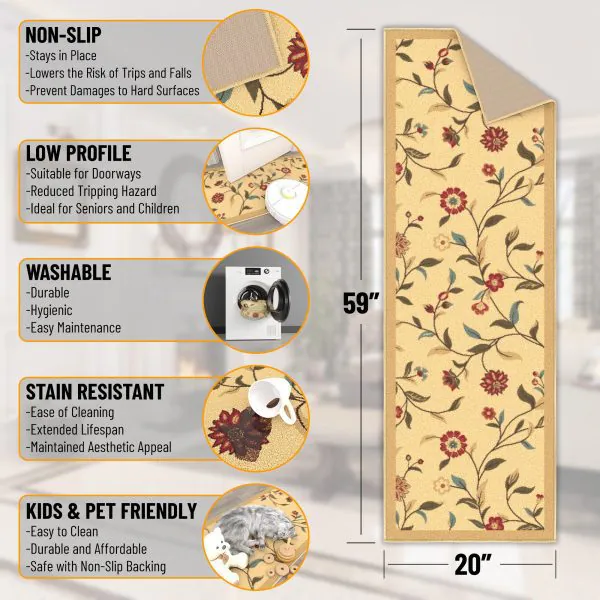 Ottomanson Ottomanson Beige Floral Design 20″ X 59″ Runner Rug