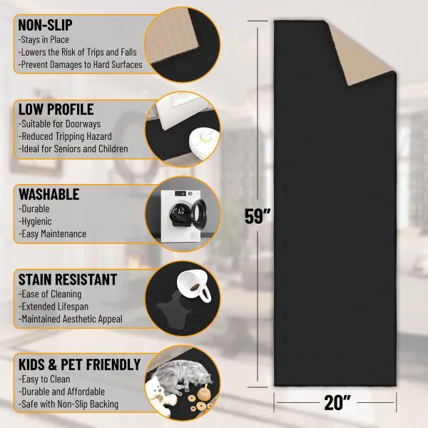 Ottomanson Ottomanson Black Modern Solid Design 20″ X 59″ Runner Rug