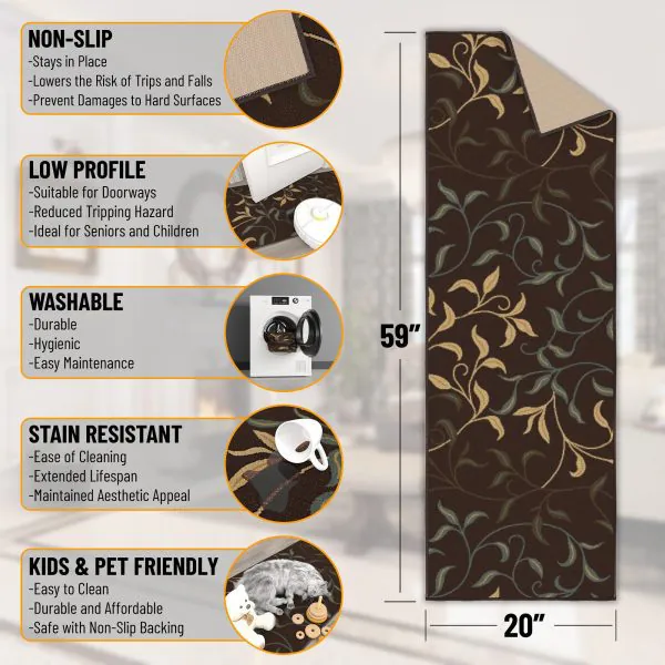 Ottomanson Ottomanson Dark Brown Floral Leaves Design 20″ X 59″ Runner Rug