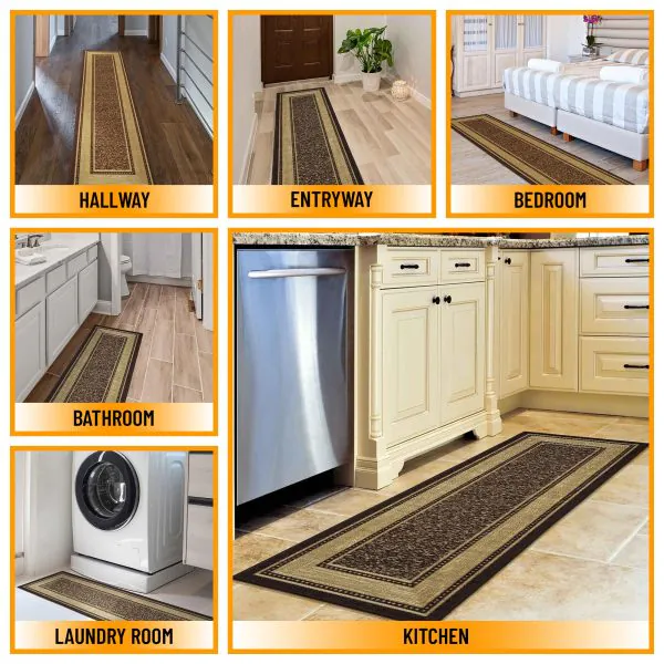 Ottomanson Ottomanson Dark Brown Modern Bordered Design 20″ X 59″ Runner Rug