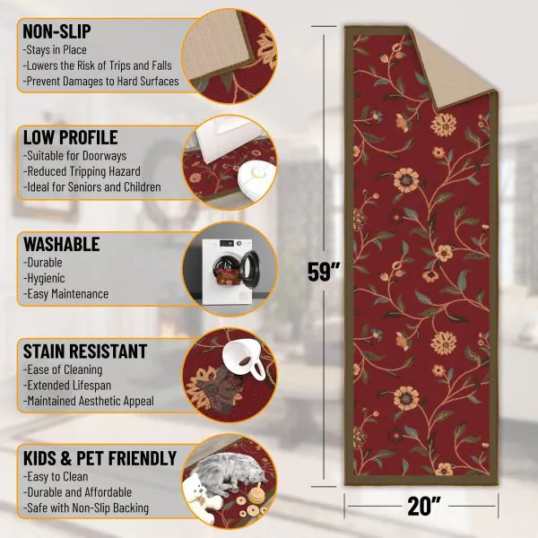 Ottomanson Ottomanson Dark Red Floral Design 20″ X 59″ Runner Rug