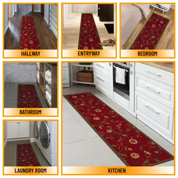 Ottomanson Ottomanson Dark Red Floral Design 20″ X 59″ Runner Rug