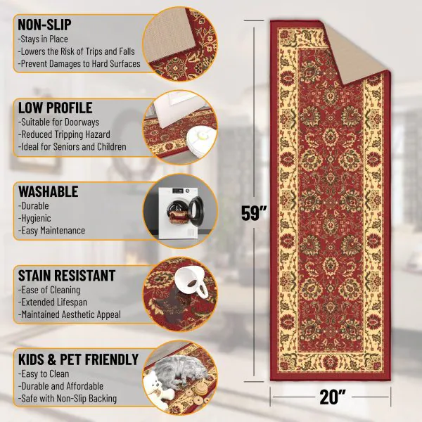 Ottomanson Ottomanson Dark Red Traditional Persian Floral Design 20″ X 59″ Runner Rug