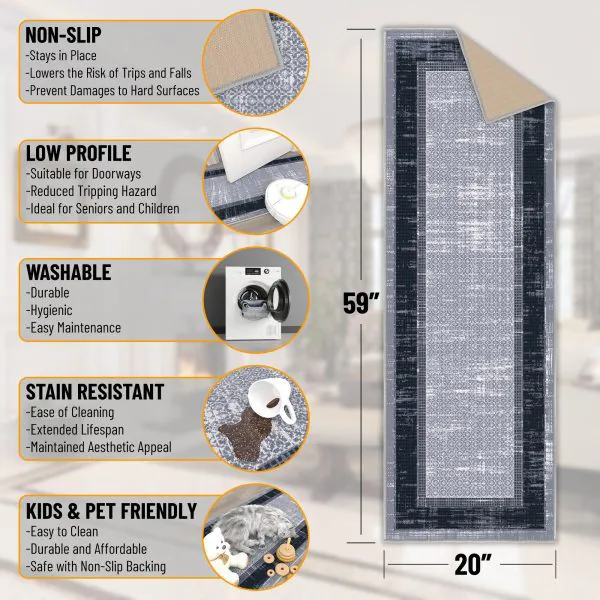 Ottomanson Ottomanson Gray Modern Bordered Design 20″ X 59″ Runner Rug