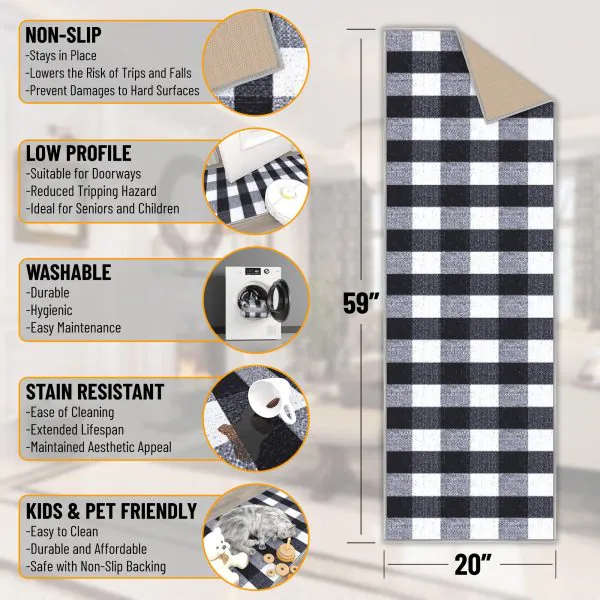 Ottomanson Ottomanson Grayscale Modern Plaid Design 20″ X 59″ Runner Rug