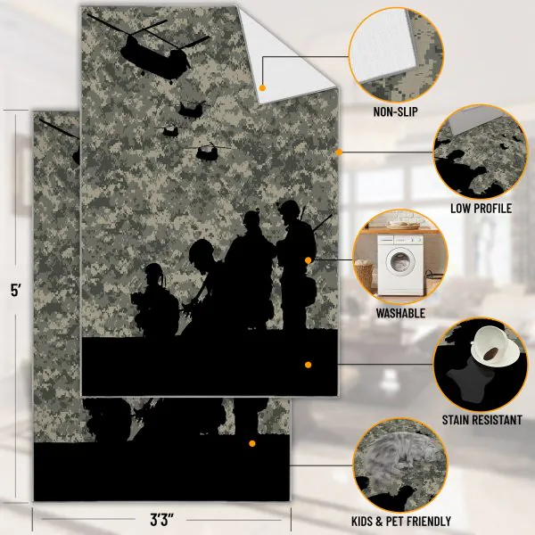 Ottomanson Ottomanson Neutral Universal Camouflage Pattern With U.S. Army Star And Soldiers 3’3″ X 5′ Area Rug