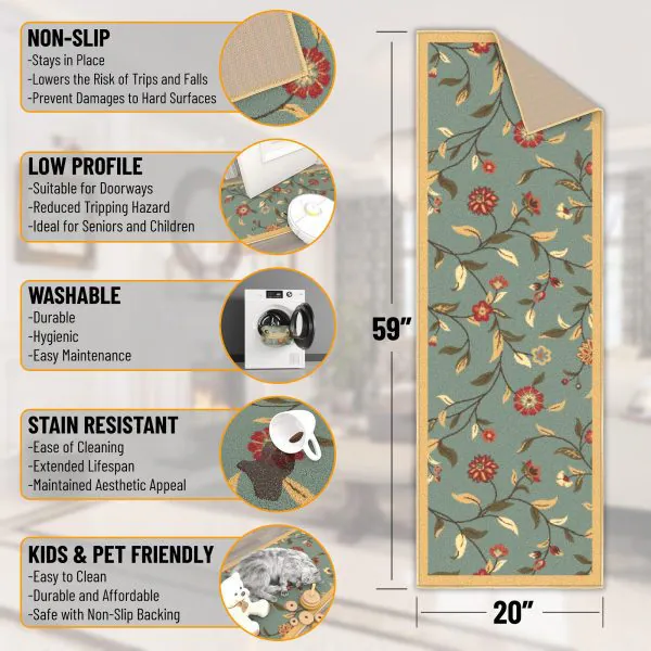 Ottomanson Ottomanson Seafoam Green Floral Design 20″ X 59″ Runner Rug