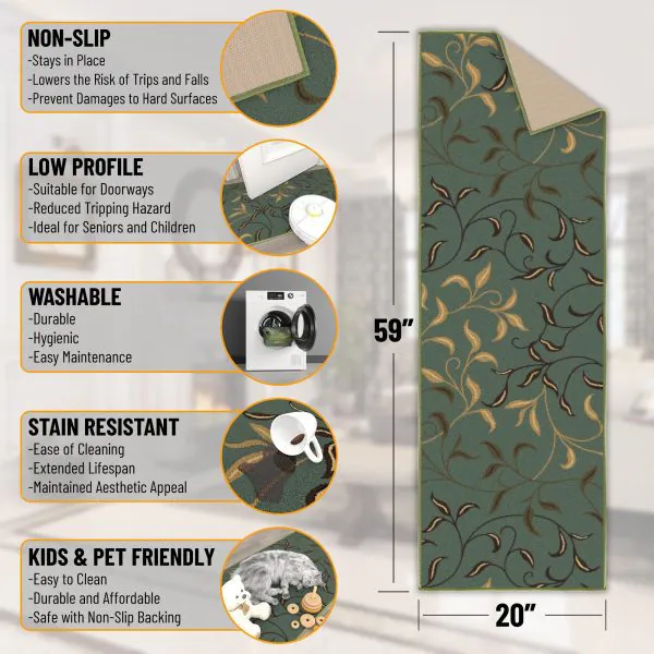 Ottomanson Ottomanson Seafoam Green Floral Leaves Design 20″ X 59″ Runner Rug