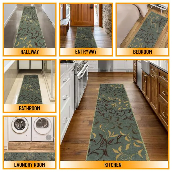 Ottomanson Ottomanson Seafoam Green Floral Leaves Design 20″ X 59″ Runner Rug