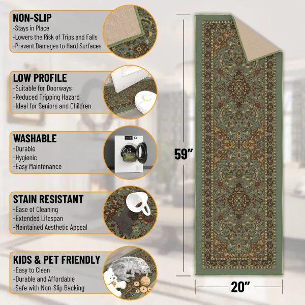 Ottomanson Ottomanson Seafoam Green Traditional Persian Medallion Design 20″ X 59″ Runner Rug