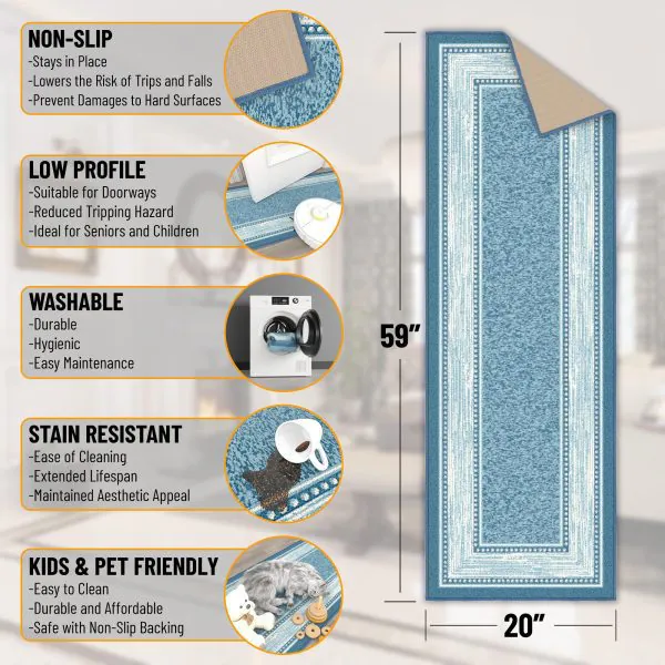 Ottomanson Ottomanson Teal Blue Modern Bordered Design 20″ X 59″ Runner Rug