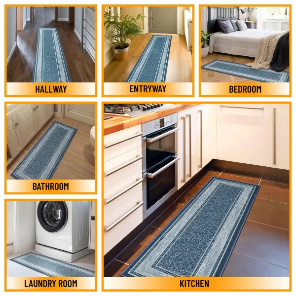 Ottomanson Ottomanson Teal Blue Modern Bordered Design 20″ X 59″ Runner Rug