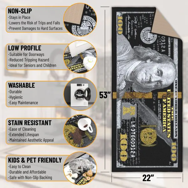 Ottomanson Siesta Collection Black And Gold $100 Bill-Themed 22″ X 53″ Runner Rug