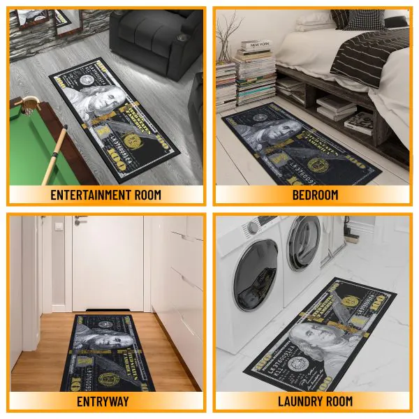 Ottomanson Siesta Collection Black And Gold $100 Bill-Themed 22″ X 53″ Runner Rug