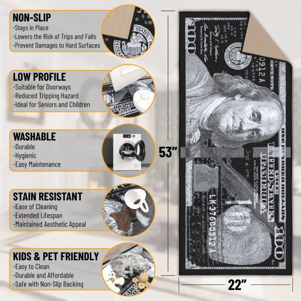 Ottomanson Siesta Collection Black And Silver $100 Bill-Themed 22″ X 53″ Runner Rug