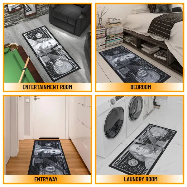 Ottomanson Siesta Collection Black And Silver $100 Bill-Themed 22″ X 53″ Runner Rug