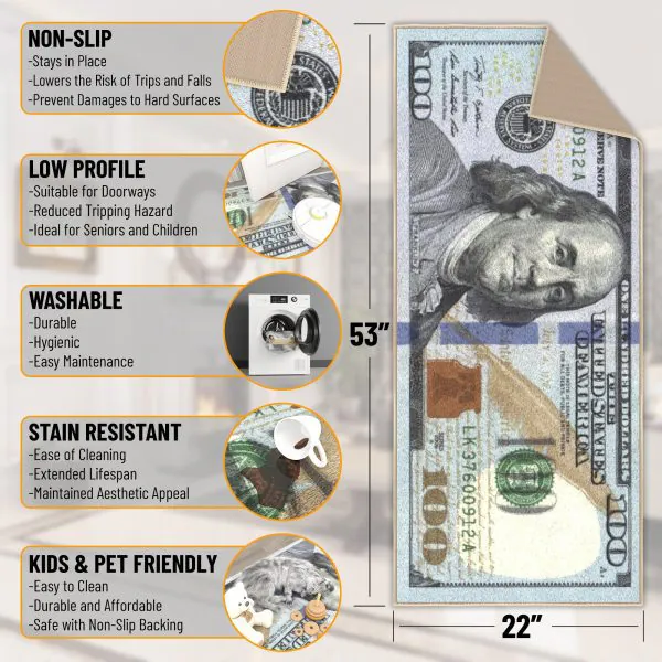 Ottomanson Siesta Collection True Colors $100 Bill-Themed 22″ X 53″ Runner Rug