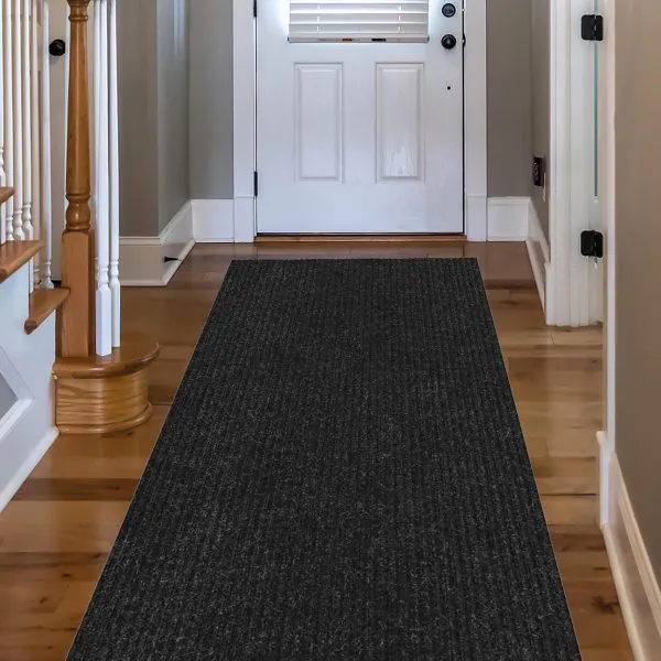 ottomanson SRT Collection Black Waterproof Heavy Duty Stain and Fade Resistant Durable Rubber Narrow-Stripe Low Profile Utility Rug