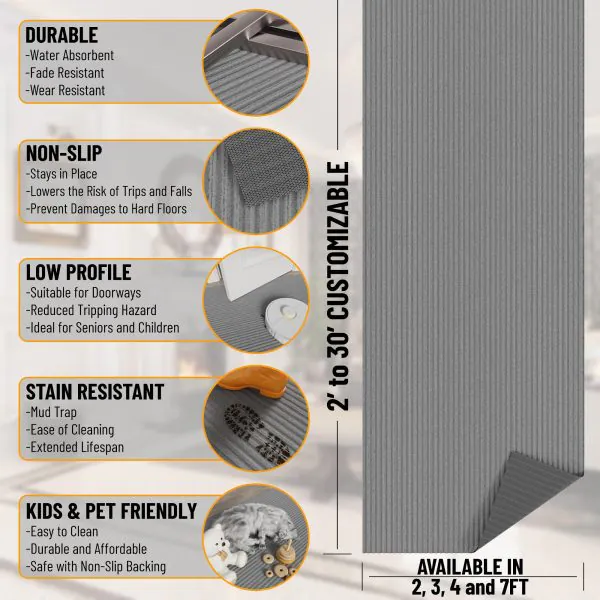 Ottomanson SRT Collection Gray Waterproof Heavy Duty Stain And Fade Resistant Durable Rubber Narrow-Stripe Low Profile Utility Rug