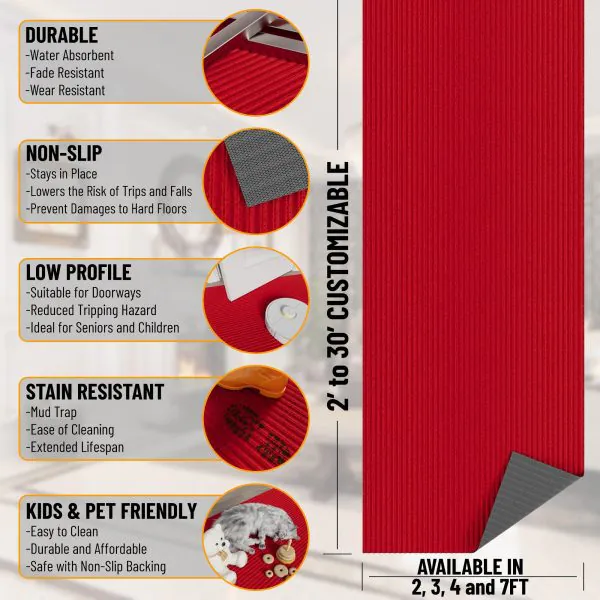 Ottomanson SRT Collection Red Waterproof Heavy Duty Stain And Fade Resistant Durable Rubber Narrow-Stripe Low Profile Utility Rug