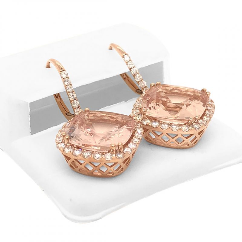 Oussum 14K Rose Gold Cushion Cut Morganite Diamond Dangle Earrings For Women