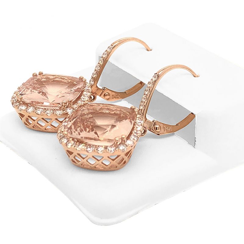Oussum 14K Rose Gold Cushion Cut Morganite Diamond Dangle Earrings For Women