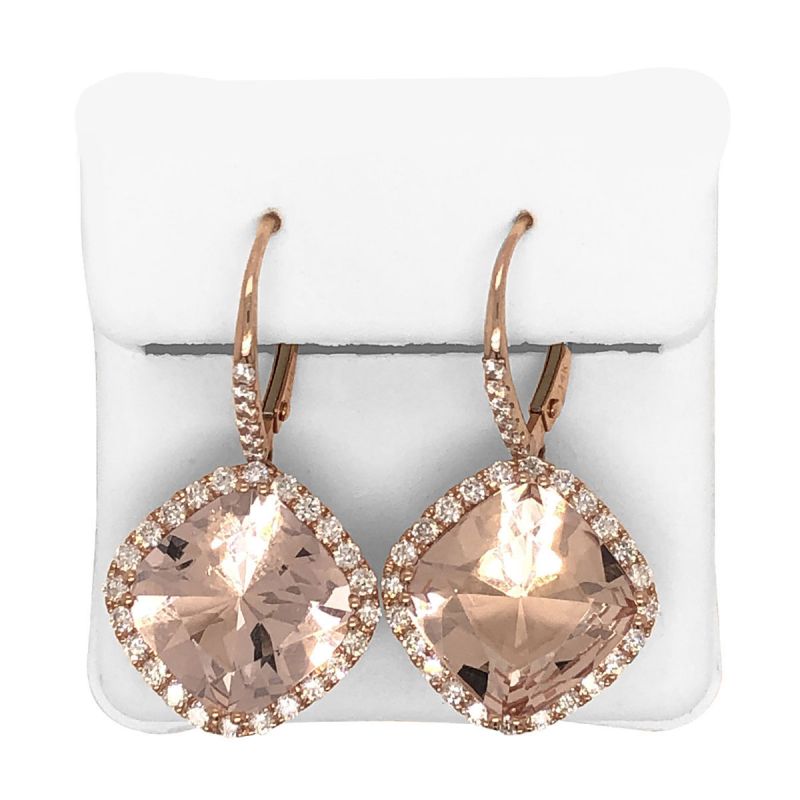 Oussum 14K Rose Gold Cushion Cut Morganite Diamond Dangle Earrings For Women