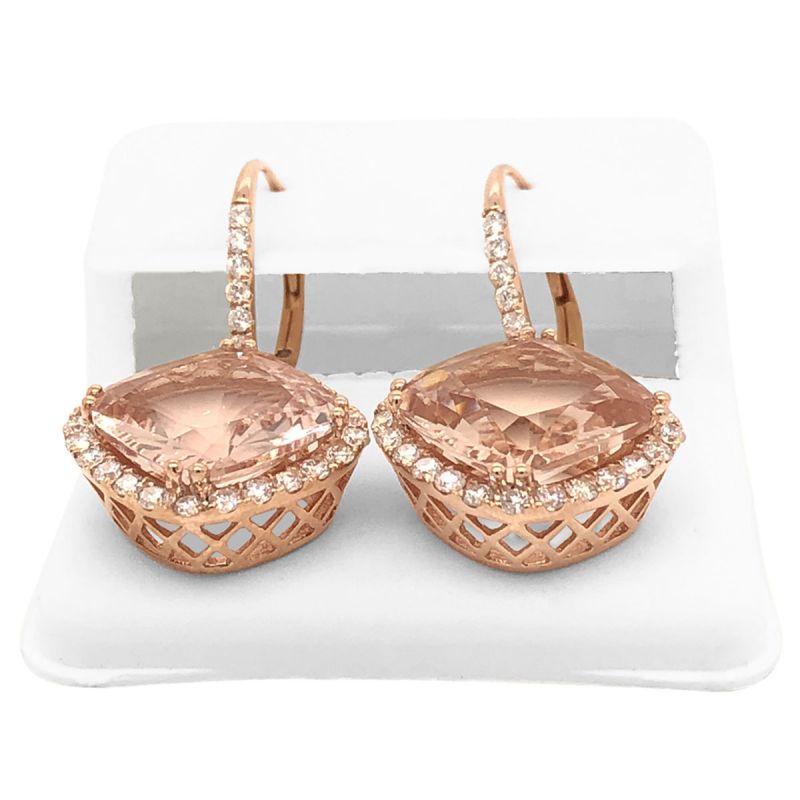 oussum 14K Rose Gold Cushion Cut Morganite Diamond Dangle Earrings For Women