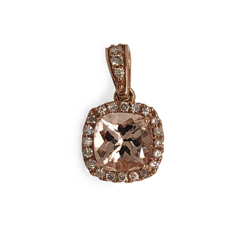 Oussum 14K Rose Gold Cushion Cut Morganite Halo Vintage Diamond Pendant For Women