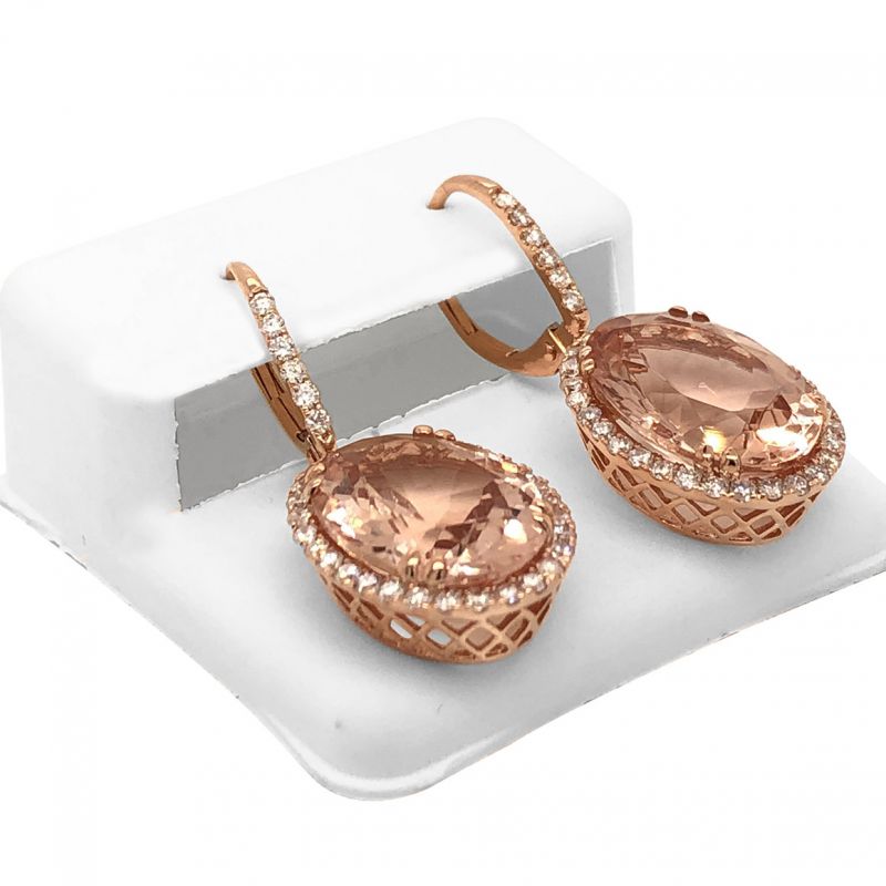 Oussum 14K Rose Gold Diamond Oval Cut Morganite Dangle Earrings For Women