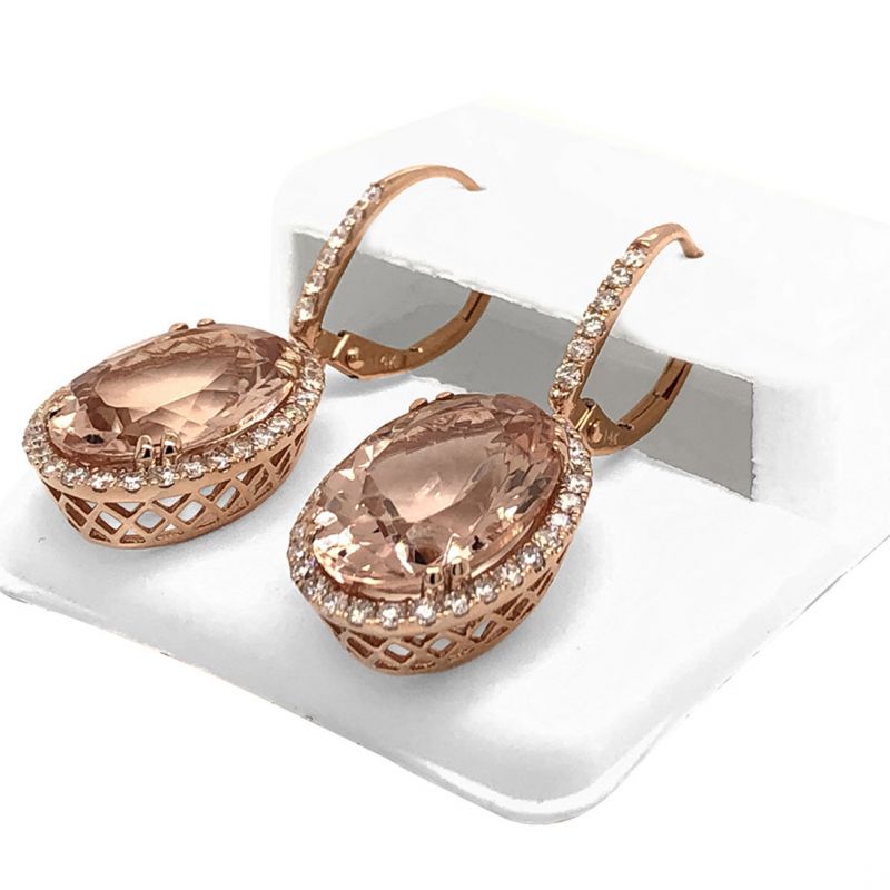 Oussum 14K Rose Gold Diamond Oval Cut Morganite Dangle Earrings For Women