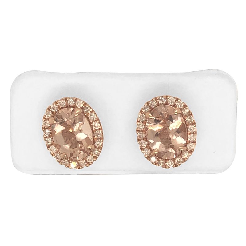 Oussum 14K Rose Gold Oval Shaped Morganite And Diamond Stud Earrings For Women
