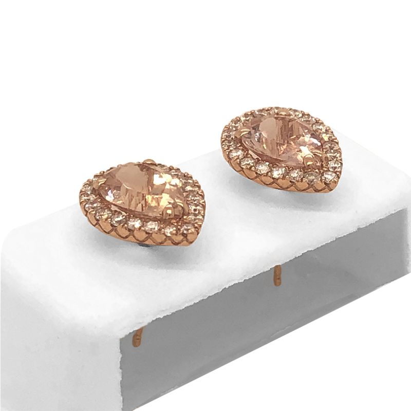 Oussum 14K Rose Gold Pear Shaped Morganite And Diamond Stud Earrings For Women