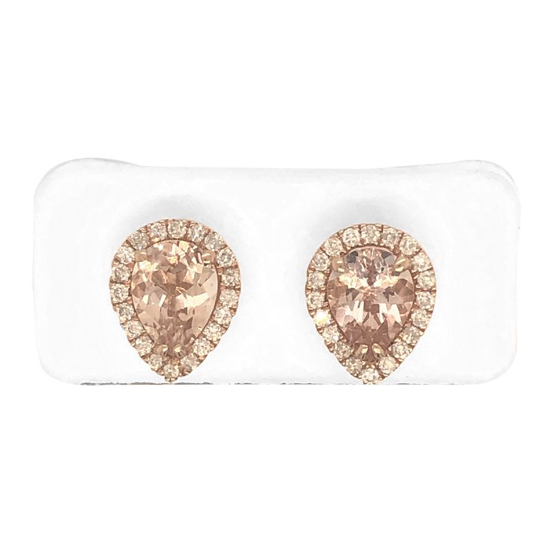Oussum 14K Rose Gold Pear Shaped Morganite And Diamond Stud Earrings For Women