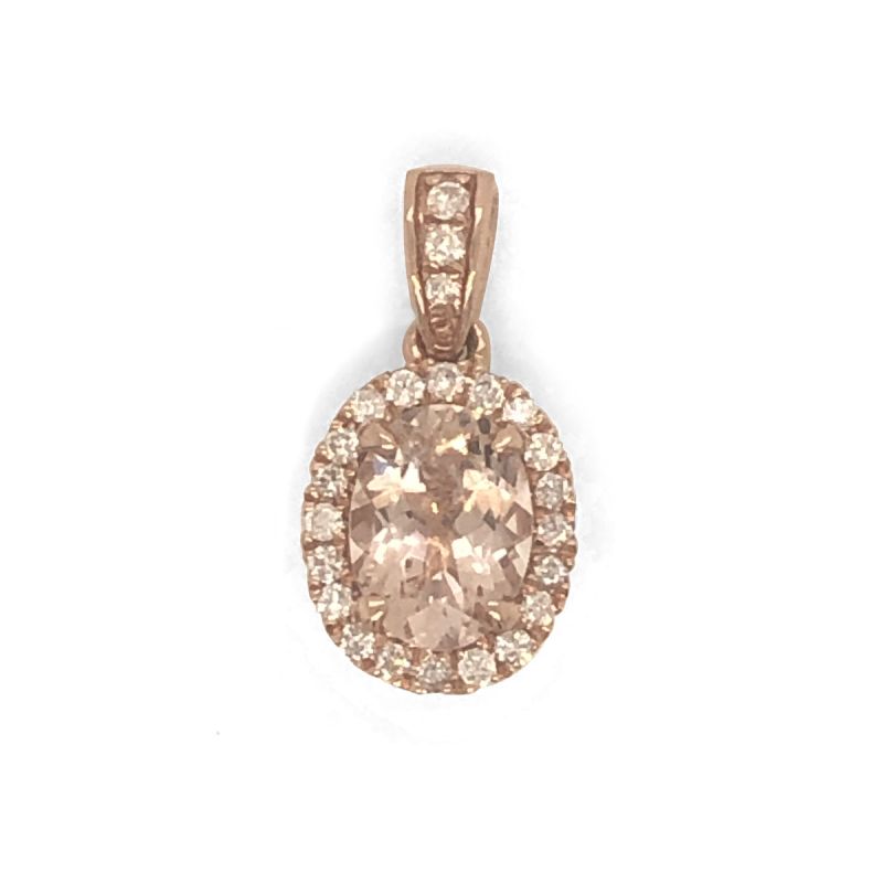 Oussum 14K Rose Gold Pink Oval Cut Morganite Diamond Halo Pendant For Women