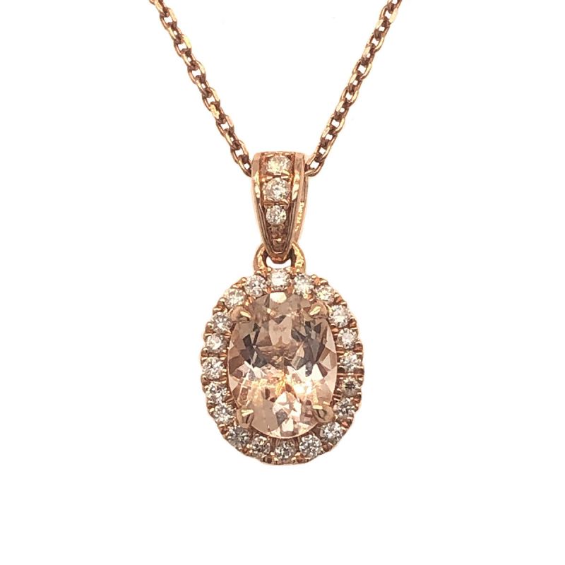 oussum 14K Rose Gold Pink Oval Cut Morganite Diamond Halo Pendant For Women