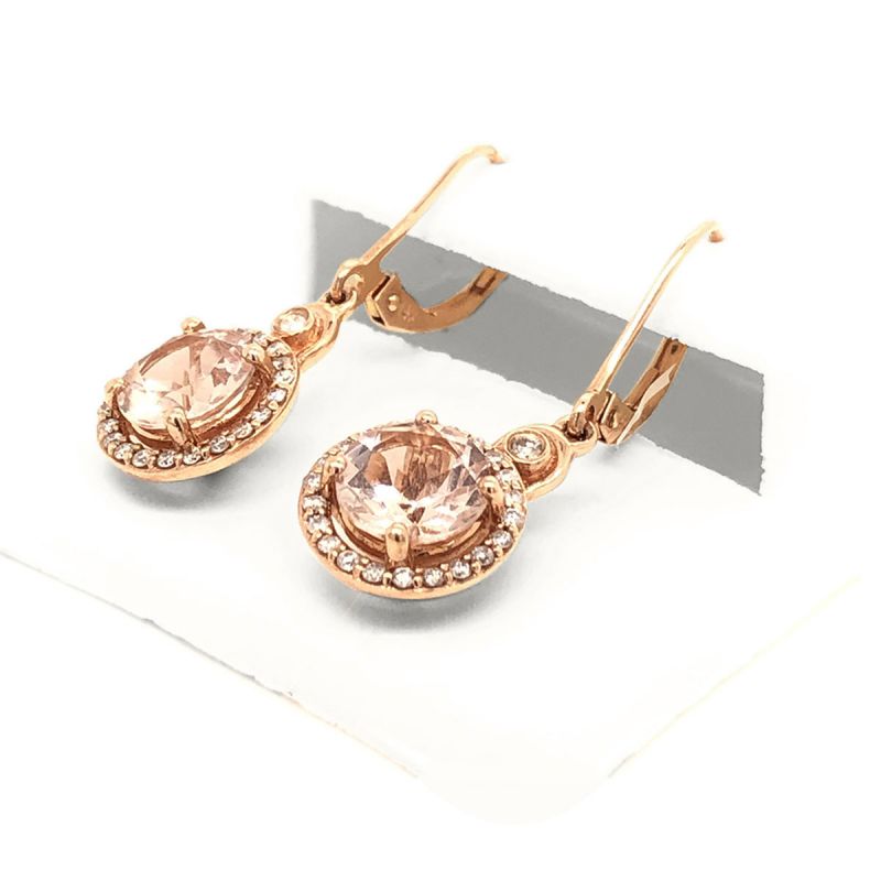 Oussum 14K Rose Gold Round Cut Morganite Diamond Dangle Women Earrings