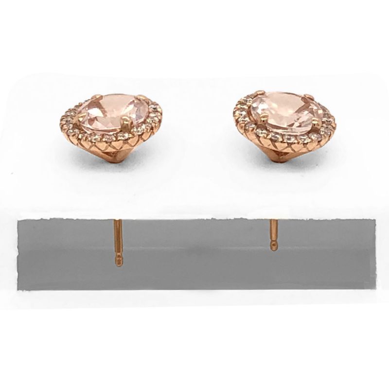 Oussum 14K Rose Gold Round Morganite Diamond Stud Women Earrings Jewelry