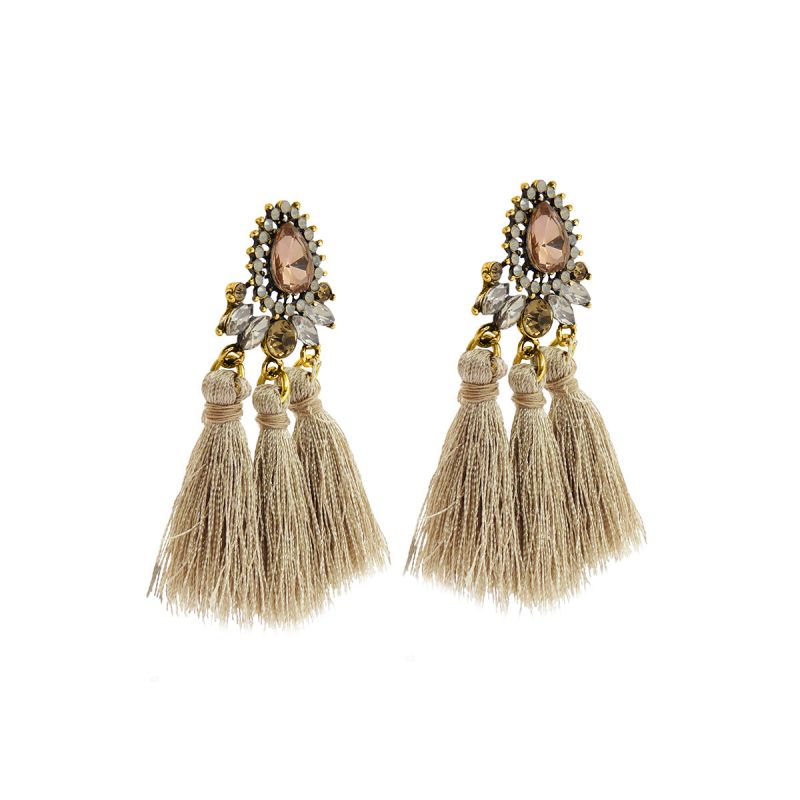 Oussum Beige Gold Plated Stone Decorated Triple Tassel Earrings For Womens
