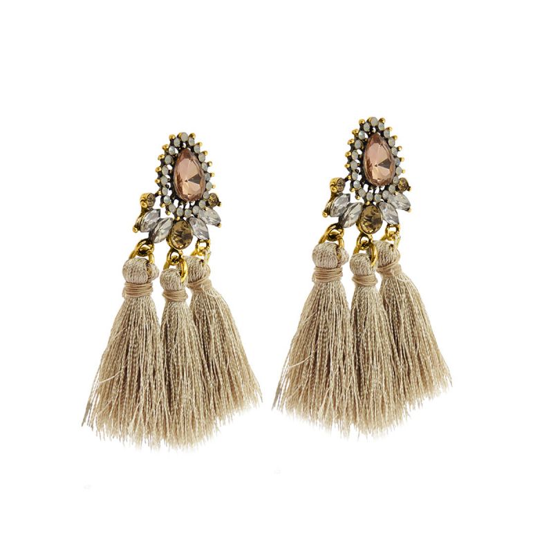 Oussum Beige Gold Plated Stone Decorated Triple Tassel Earrings For Womens