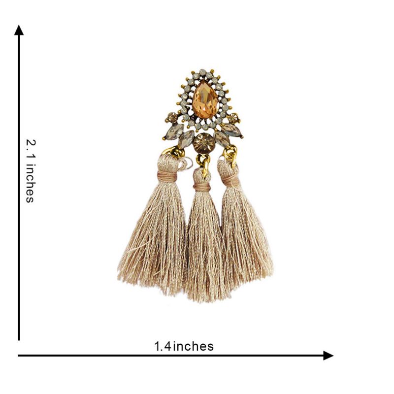 Oussum Beige Gold Plated Stone Decorated Triple Tassel Earrings For Womens