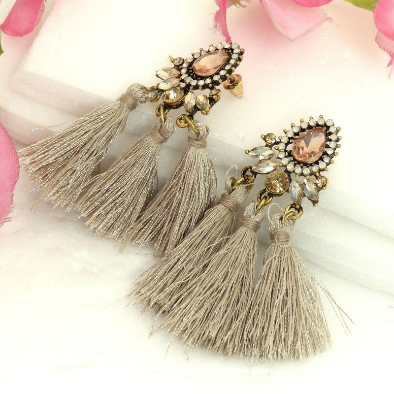 oussum Beige Gold Plated Stone Decorated Triple Tassel Earrings For Womens oussum Beige Gold Plated Stone Decorated Triple Tassel Earrings For Womens