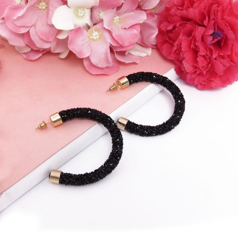 Oussum Black Crystal Round Hoop Shine Earrings For Women Fashion Jewelry