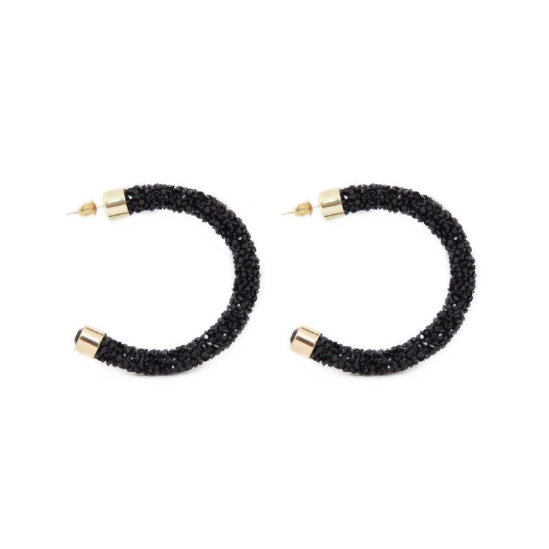 oussum Black Crystal Round Hoop Shine Earrings for Women Fashion Jewelry