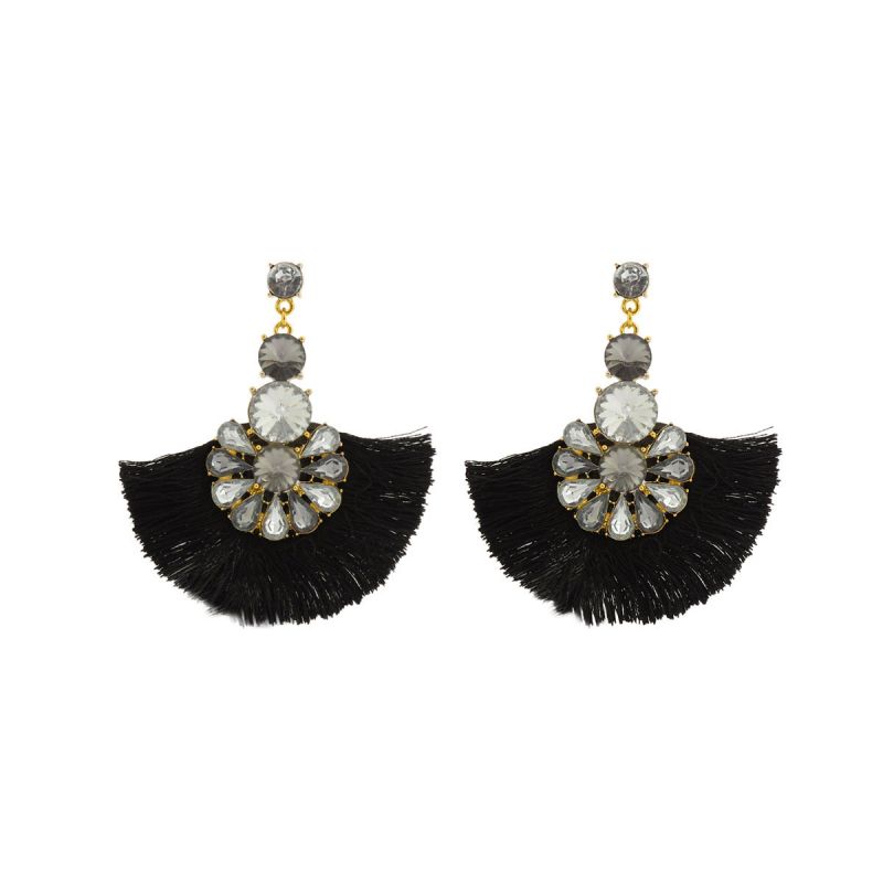 Oussum Black Gold Plated Floral Thread Tassel Earrings For Womens