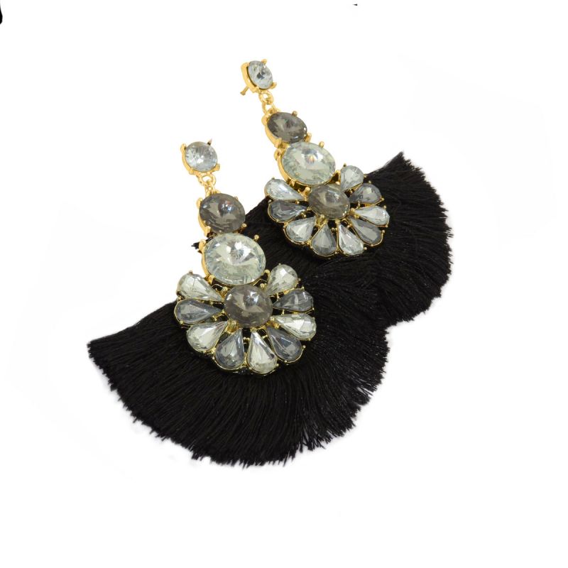 Oussum Black Gold Plated Floral Thread Tassel Earrings For Womens