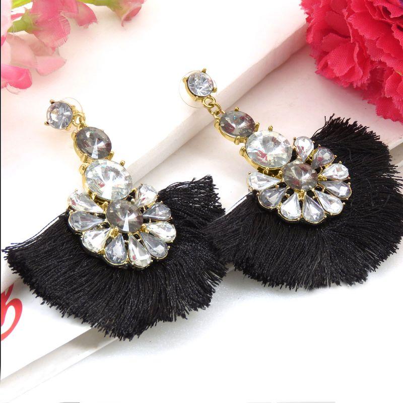 oussum Black Gold Plated Floral Thread Tassel Earrings For Womens oussum Black Gold Plated Floral Thread Tassel Earrings For Womens