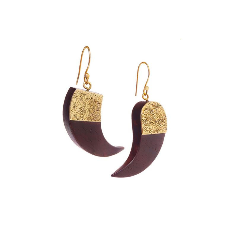 Oussum Brown Golden Metal Horntooth Wooden Earrings For Women Fashion Ear Jewelry