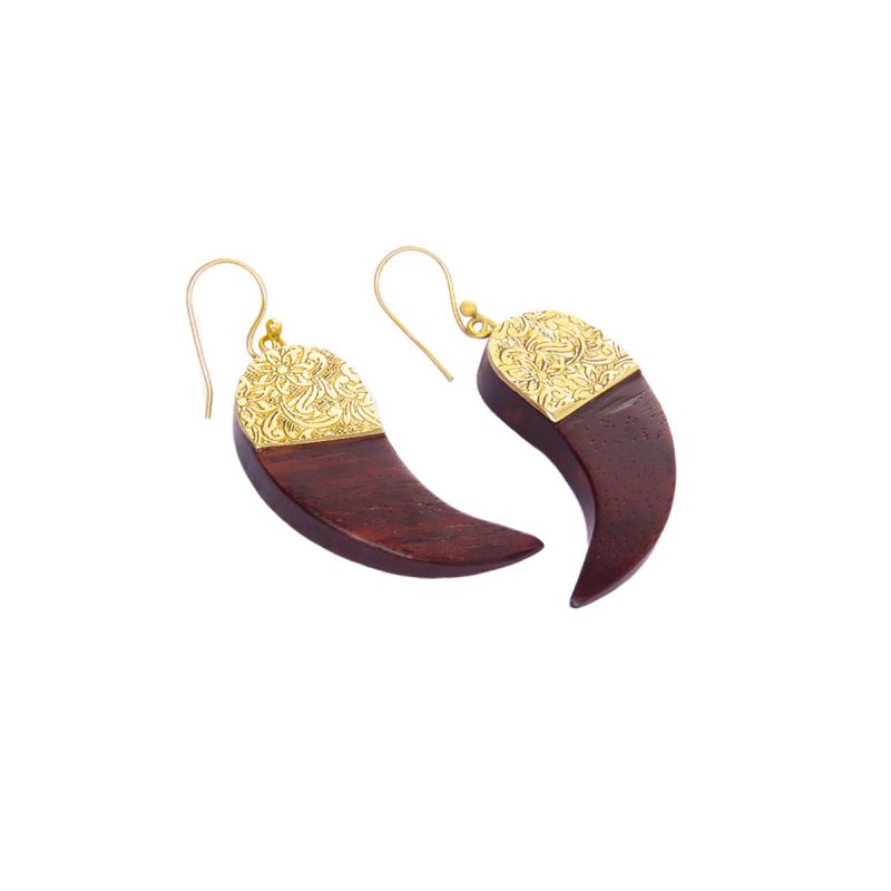 oussum Brown Golden Metal Horntooth Wooden Earrings for Women Fashion Ear jewelry