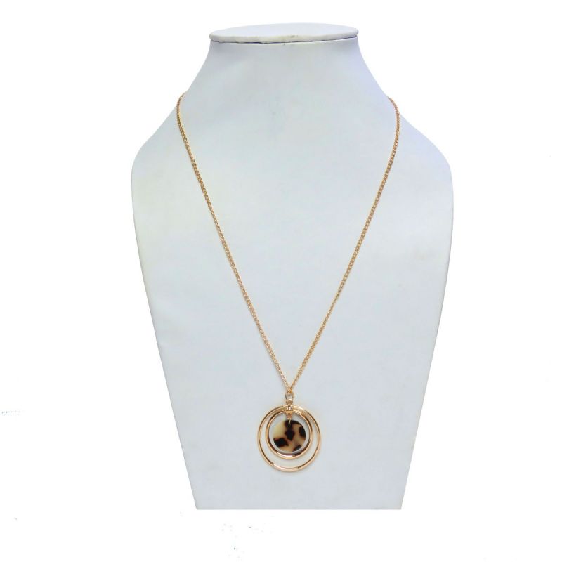 Oussum Brown Tortoise Shell Round Pendant Metal Resin Necklace For Women Girl